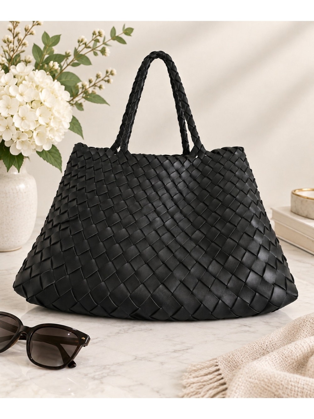EUC Minimalist Black Woven Faux Leather Top-Handle Tote/Handbag